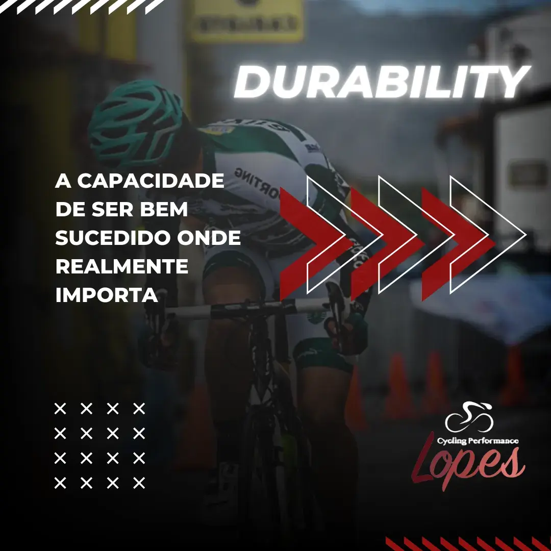 Ciclista em competição com o texto durability sobre a imagem